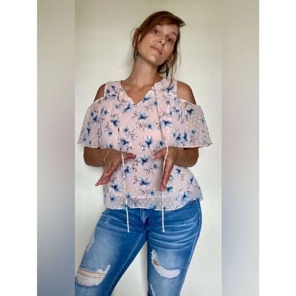 Moon River Tops - Moon River Top Cold Shoulder Pink Floral Appliqué Blouse